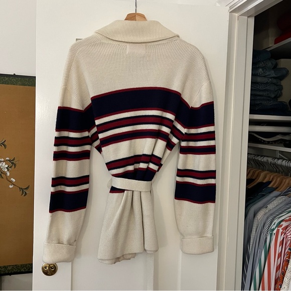 Vintage 1970s Shawl Collar Striped Belted Cowichan Wrap Sweater Cardigan - Picture 2 of 12